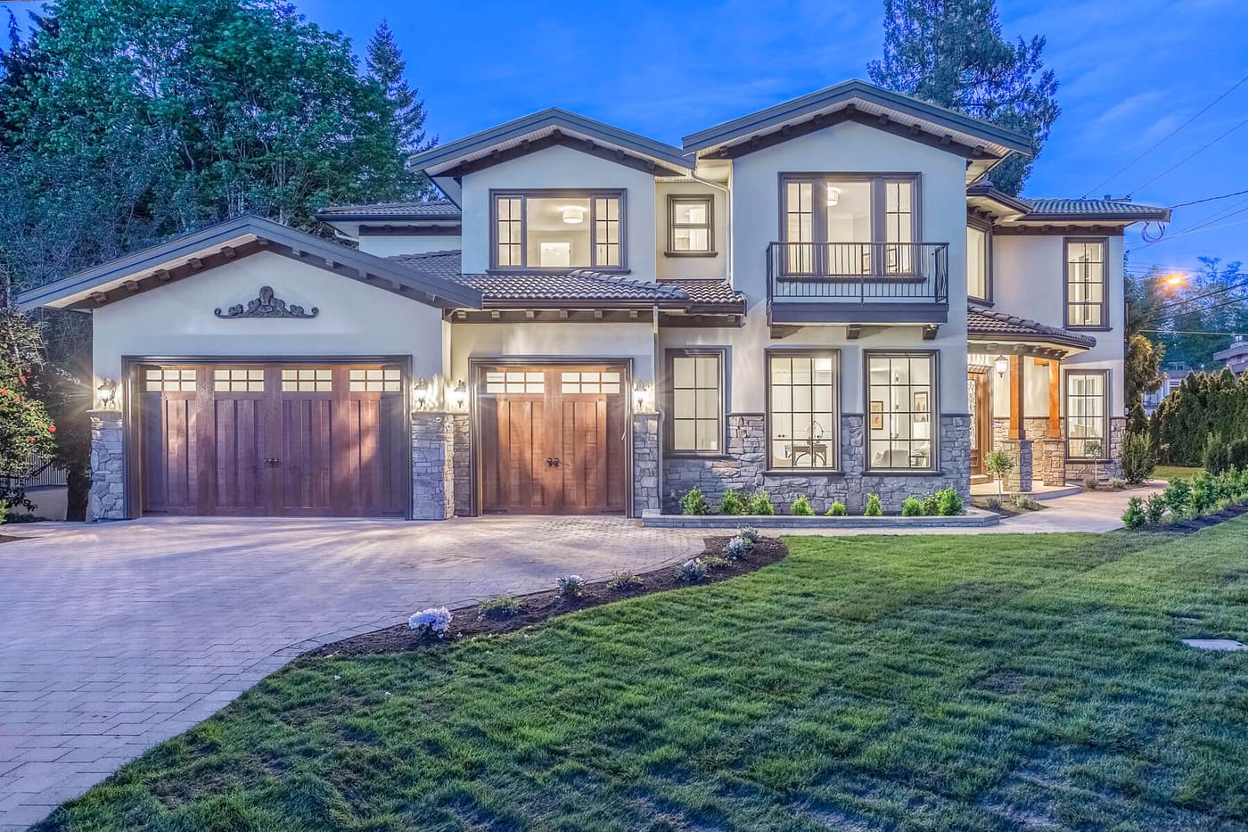 Modern home exterior at dusk